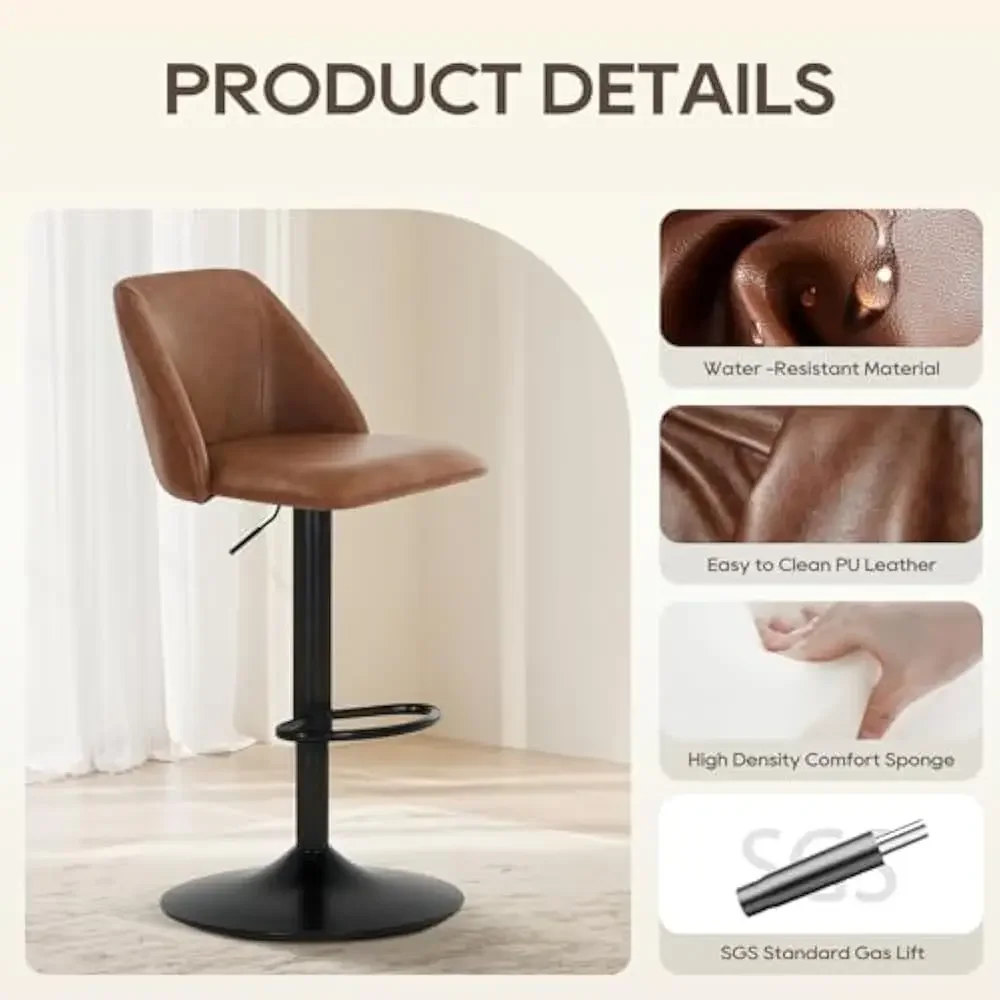 Juego de 4 taburetes de bar, sillas de bar giratorias modernas, taburetes de bar tapizados de cuero PU ajustables, altura de mostrador con respaldo completo