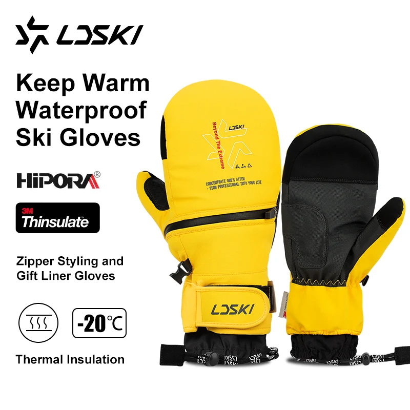 

LDSKI Ski Gloves Women Men Warm Mitten Winter Waterproof Thermal Zipper Screen Touch 3M Thinsulate Snowboard Accessories