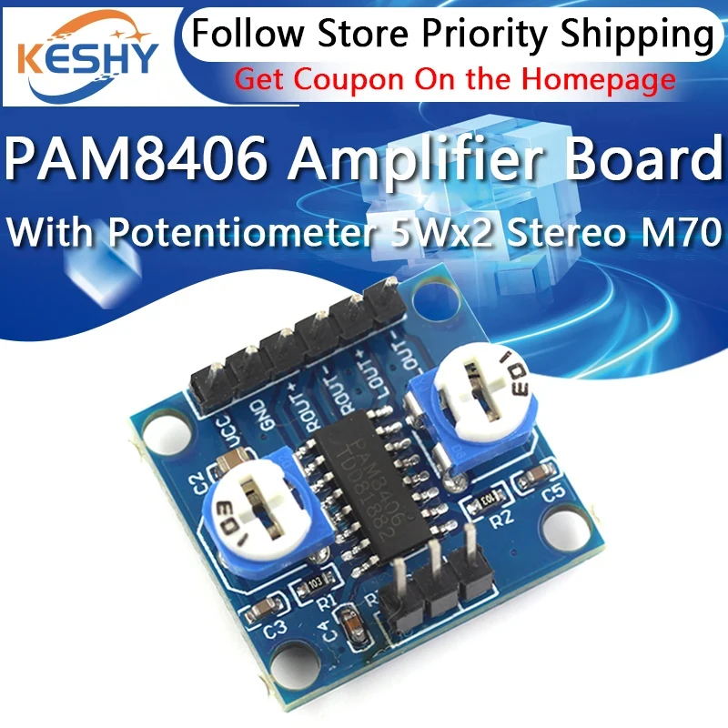 Papan Amplifier Digital PAM8406 dengan Potensiometer Volume 5Wx2 Stereo M70