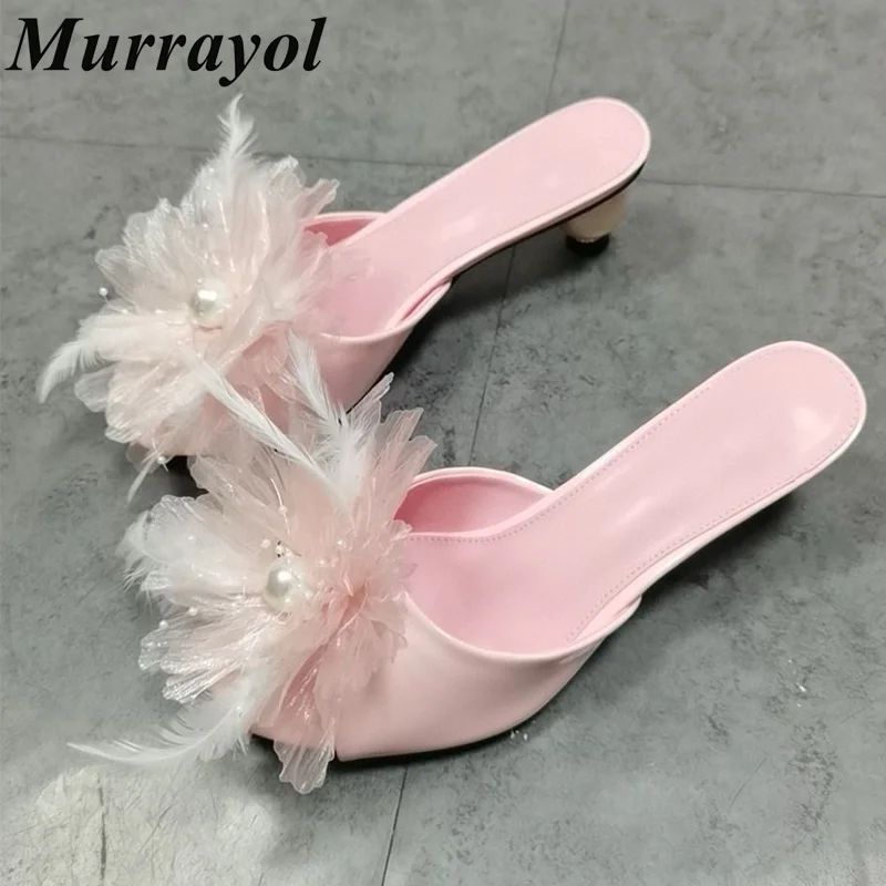 Open Toe Feather Decor Thin High Heels Slippers Women Genuine Leather One Strap Sandals Summer Dress Shoes Pumps Wedding Shoes