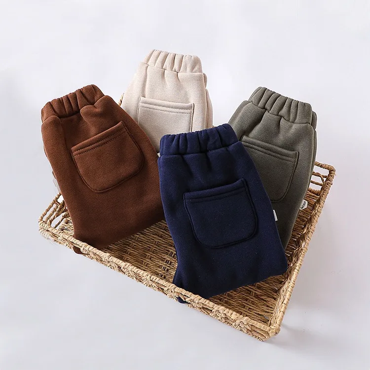 Autumn Winter Outdoor Ins Newborn Boys Pants Solid Plush Elastic Waist Thinken Cotton Infan Boys Pants Straight Baby Boys Pants