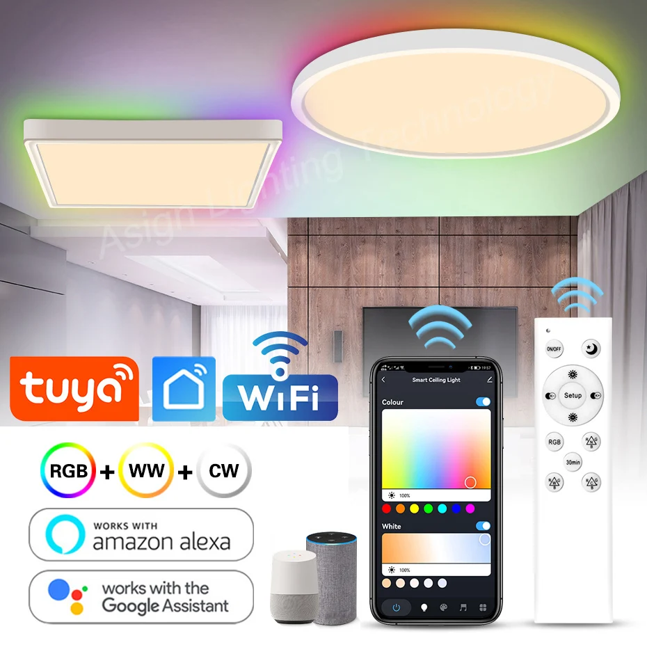 

RGB Smart Modern LED Ceiling Lamp 220V 110V CCT 40W Dimmable Tuya Wifi Lights With Alexa Remote & APP Control For Living Room