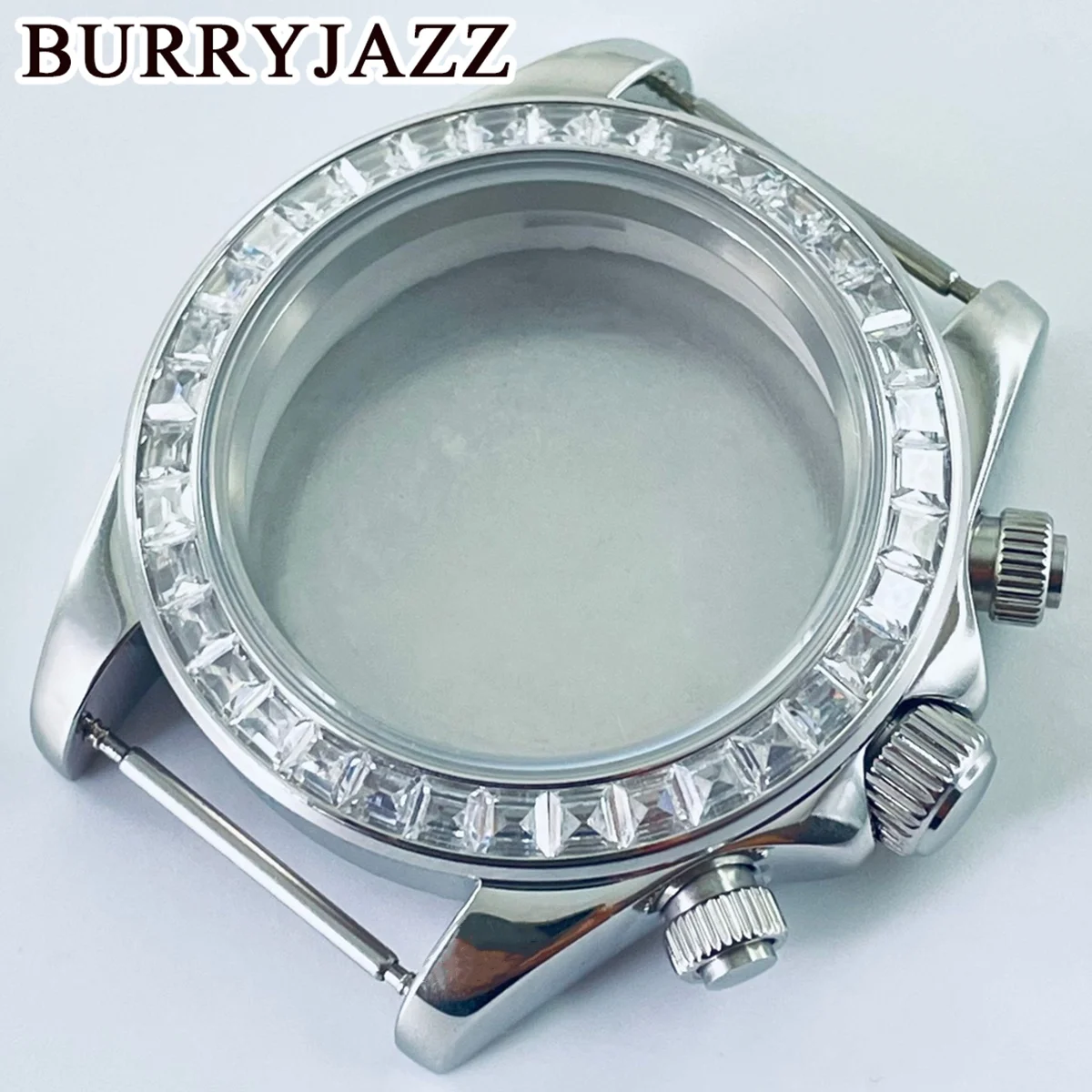 BURRYJAZZ 40mm apto para VK63 VK63A movimiento de cuarzo plata diamante cerámica bisel de acero cristal de zafiro accesorios de caja de reloj