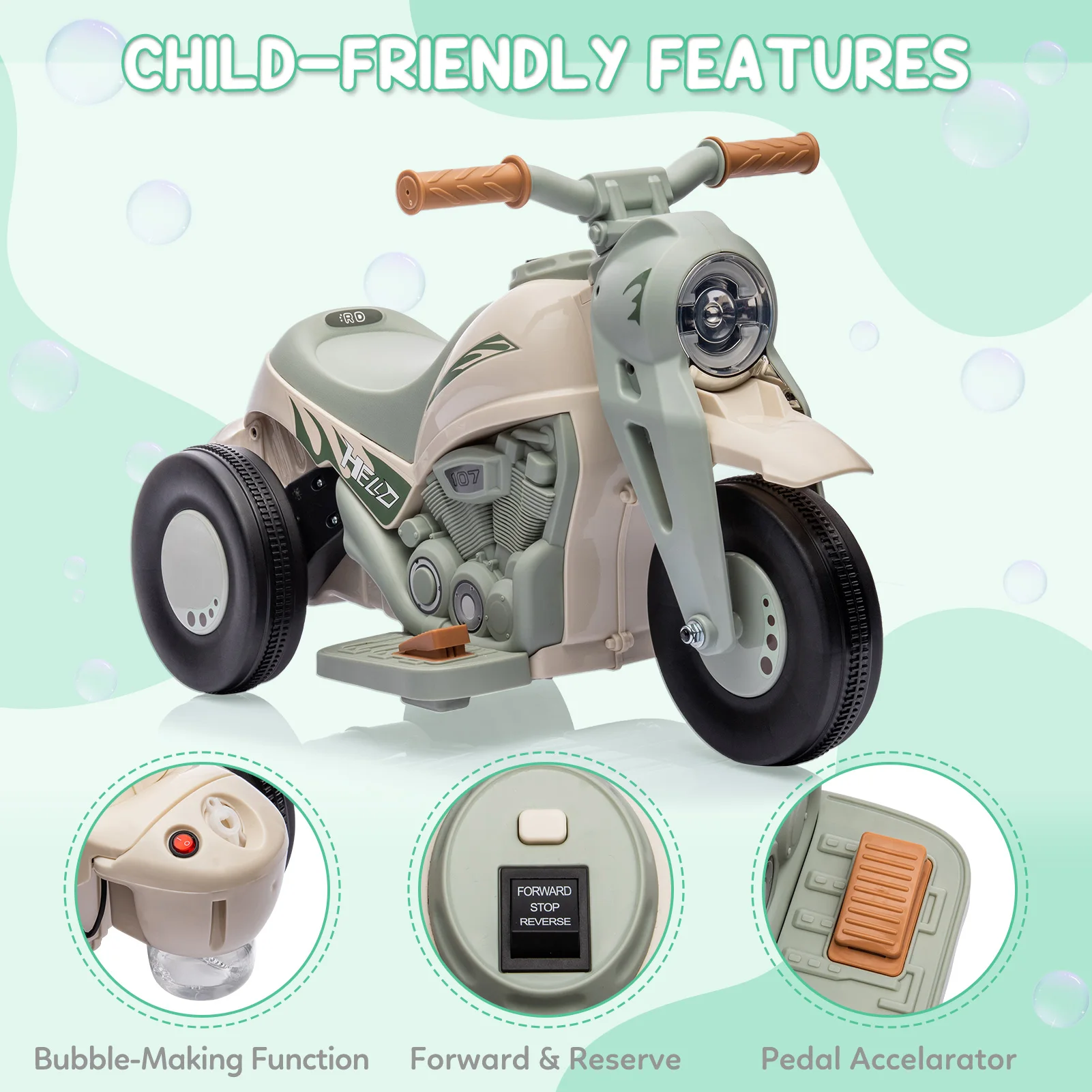 Kids Ride on Bubble Car, มอเตอร์ไซค์ไฟฟ้า 6V 1.9 MPH, มอเตอร์ไซค์เด็กวัยหัดเดินพร้อมเครื่องทําฟอง, ไฟหน้า LED, ดนตรี