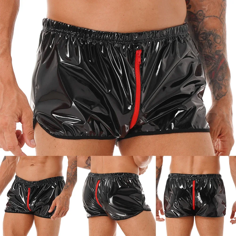 Men\'s Wet Look Faux Leather Boxer Briefs Trunks, Zip Shorts Underwear, Black Color, Asian Sizes M~4XL, Please Check Measurements