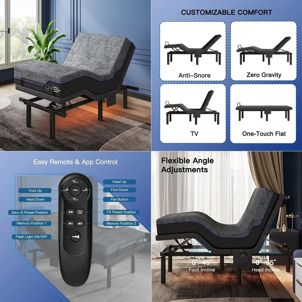 

Adjustable Bed Frame Queen Size Wireless Remote Control Adjustable Beds with 4 USB AampC Ports,Zero Gravity Electric Bed, Indep