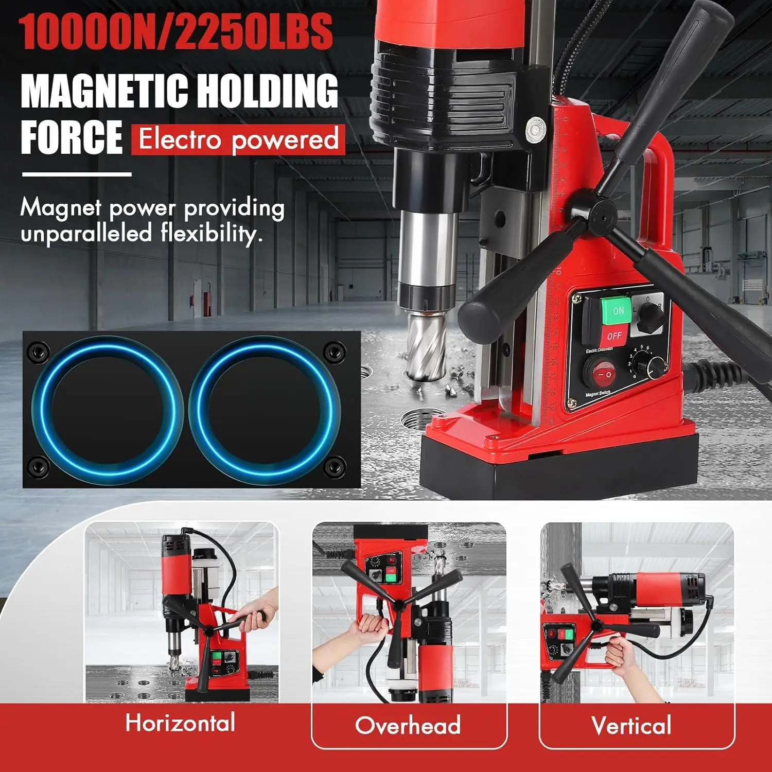 Magnetic Drill Press 110V, 2 Inch Boring Diameter, 1400W, 810 RPM, 6Pcs Drill Bits, 40 Dual Track, Portable Magnetic Drill