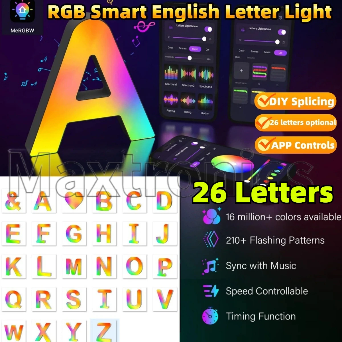 Splicing RGB Smart English Letter Light Colorful APP Controls Music Rhythm For DIY Sign Holiday Party Wedding Atmosphere Lights