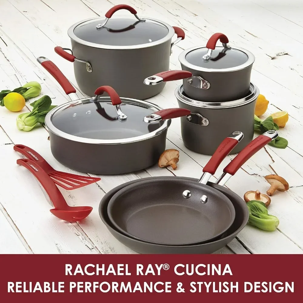 87630 Rachael Ray Cucina Hard Anodized Nonstick Cookware Pots and Pans Set, 12 Piece, Gray with Red Handles