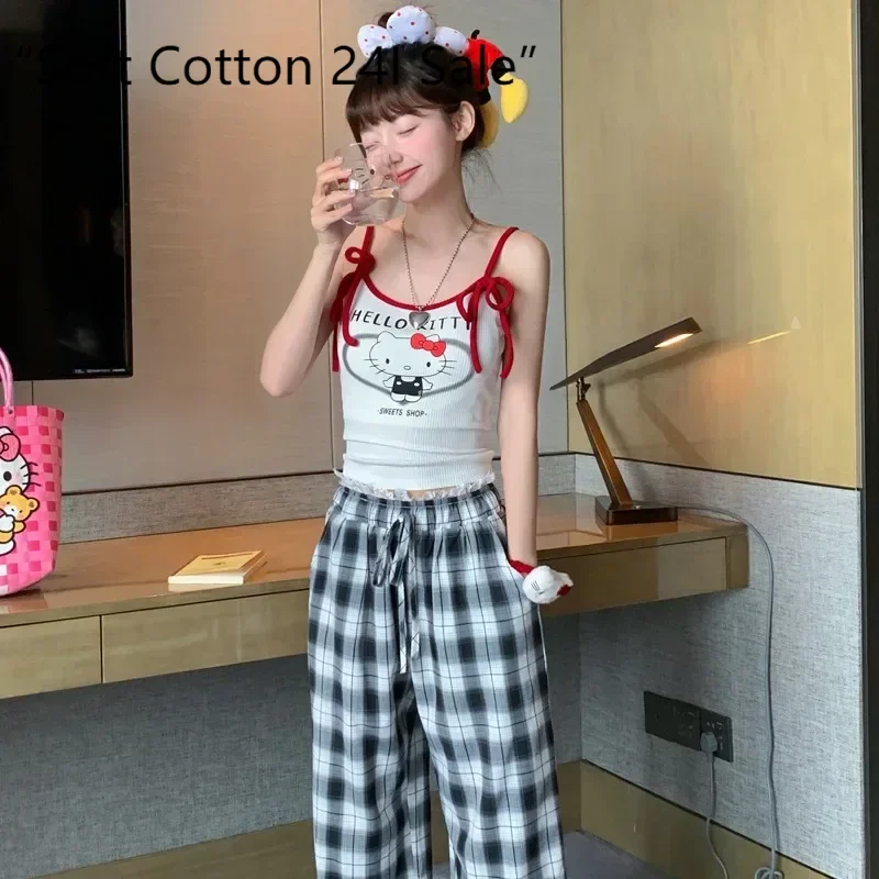 

New Hello Kitty pajamas summer sleeveless suspenders trousers two-piece set sweet with chest pad Hello Kitty women's loungewear