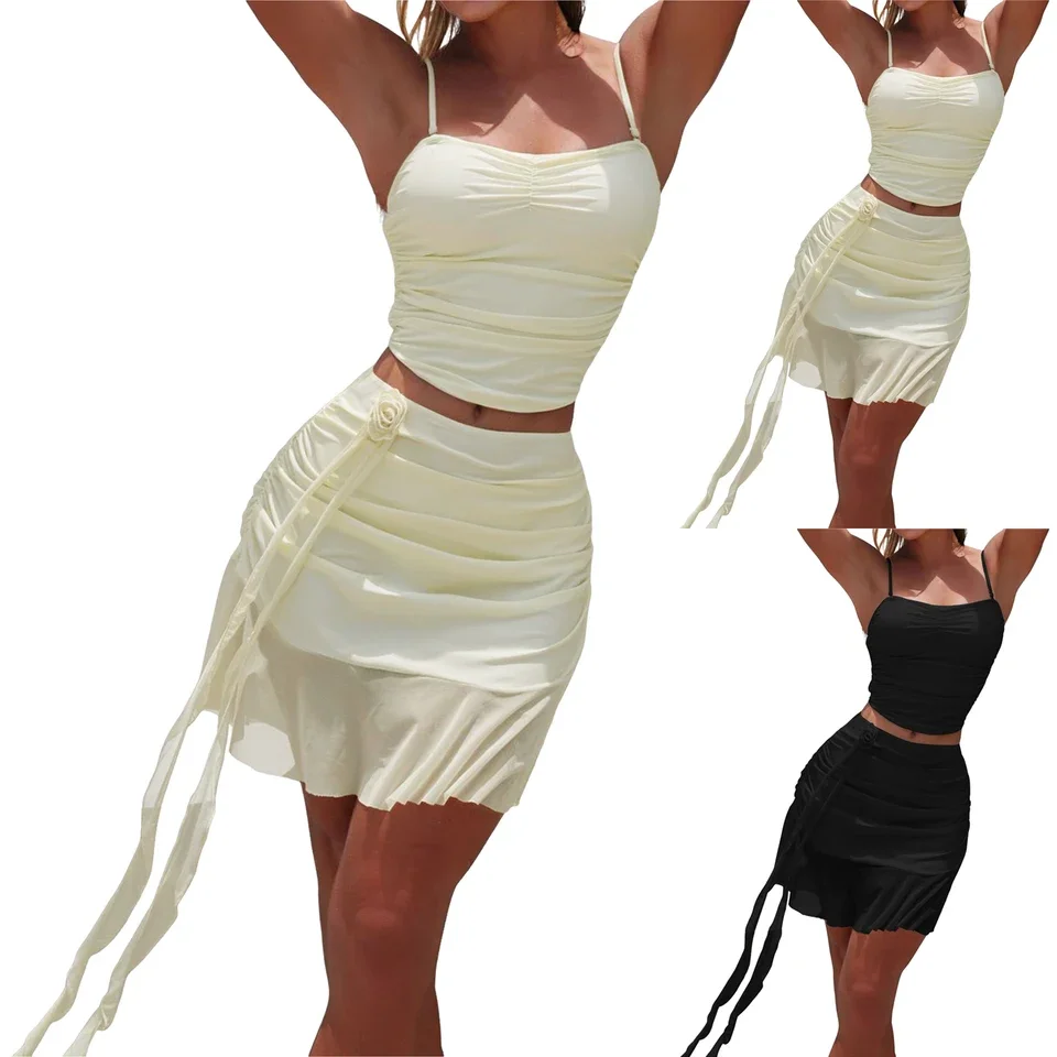 Women Swimsuit Two Piece Halter Sexy High Waisted Pleated Skirt Push Up Two Piece Swimsuits Ruched New High Elastic Swimwear