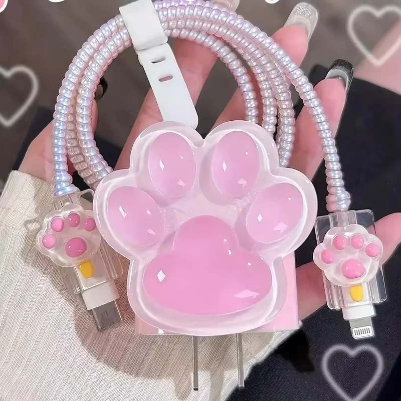 Charge Protective Case Clear Pink Cat Paw Data Line Protector Cover For iPhone 18W-20W Cartoon Cute Charger Sleeve Accessories