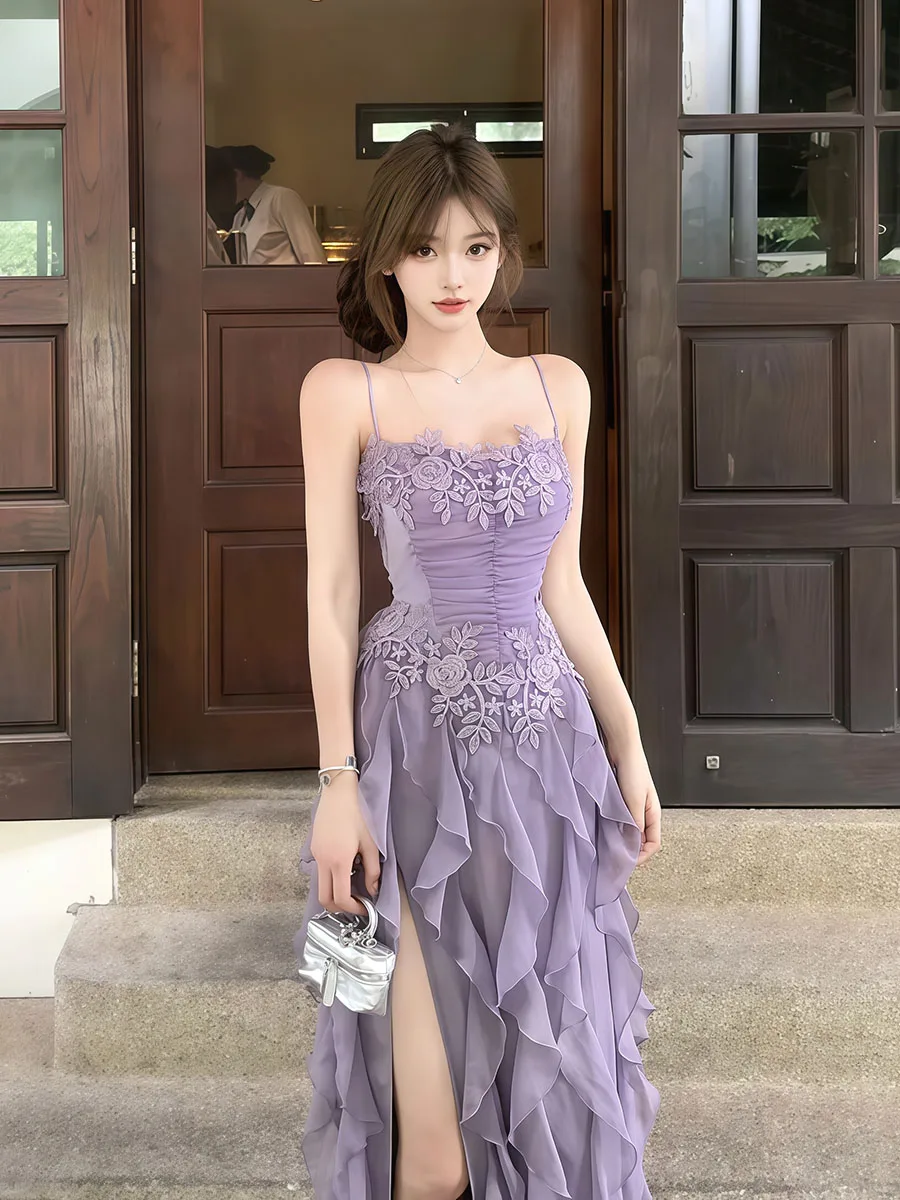 REDDACHiC Abito lungo fluido da donna con spacco in pizzo con giuntura elastica sul retro Abito da festa con volant irregolare Abiti estivi formali da ballo