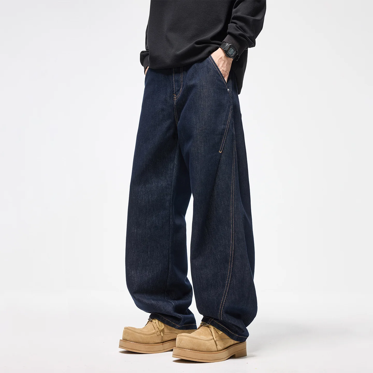 Autumn Winter 2026 New Fashion American Style Men's Dark Blue Solid Color Casual Trendy Simple Basic Wide Leg Loose Jeans Pants