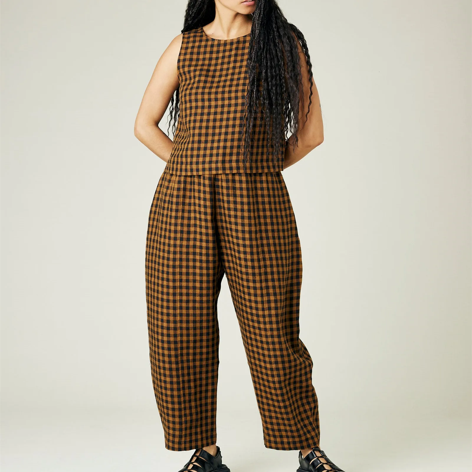 Gaono Casual 2 Piece Lounge Pants Sets for Women Y2k Gingham Outfits Sleeveless Tank Top and Wide Leg Barrel Pants Suits