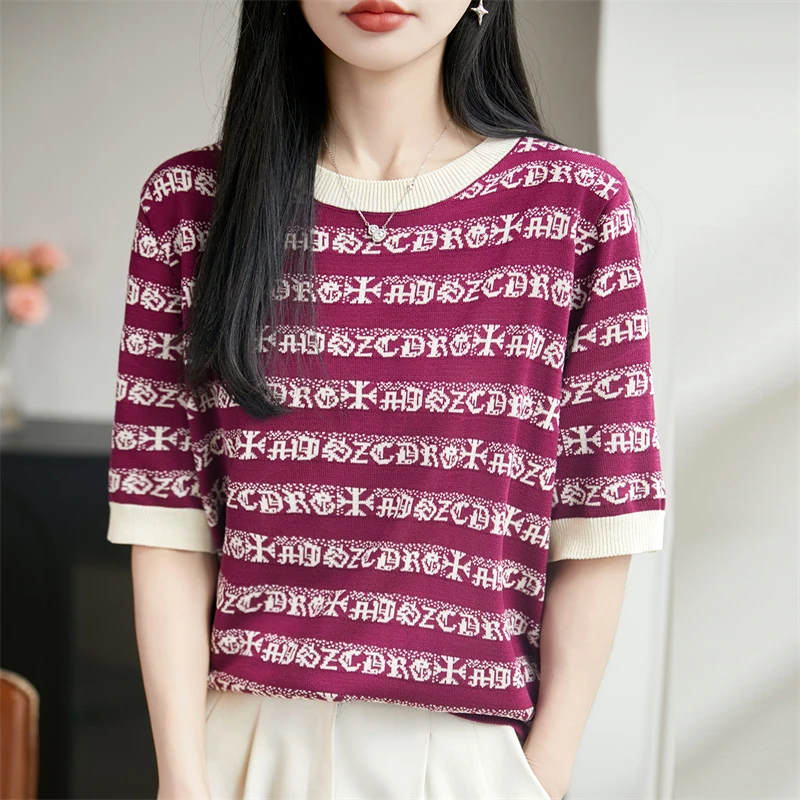 Summer New Women's 100% Lyocell Short Sleeve Round Neck Knitted T-shirt Striped Women's Pullover Short Sleeve Fashion Hot Sale