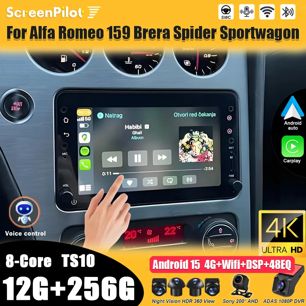 Radio para Auto Android 16 para Alfa Romeo 159 Brera Spider Sportwagon, Reproductor Multimedia de Video, Carplay, Pantalla Táctil, Mirror Link, Wifi 5G