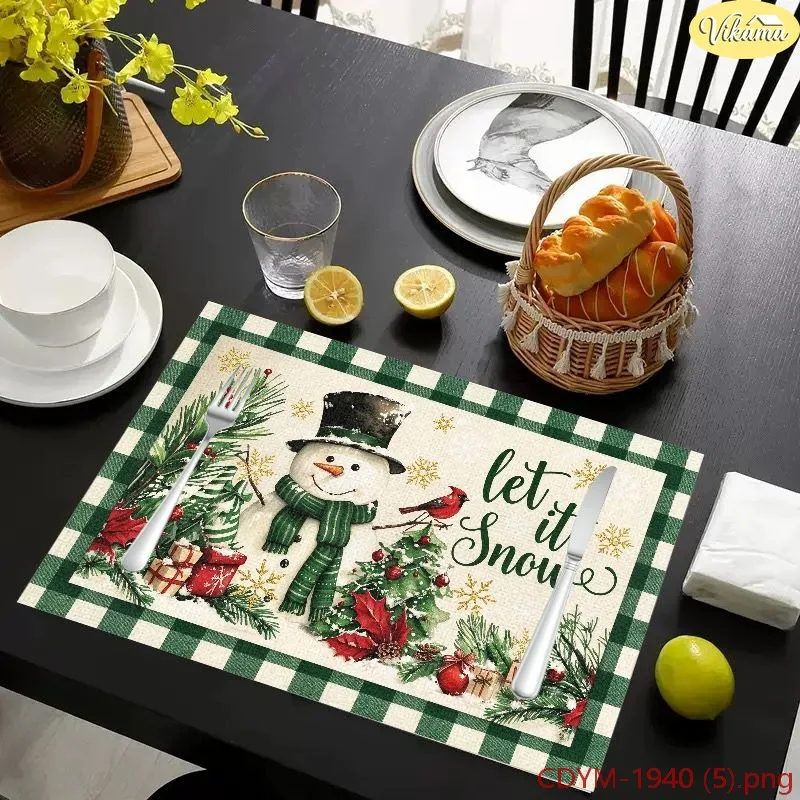VIKAMA Christmas Placemats Green Buffalo Plaid Snowman Cardinal Let it Snow Washable Mat Winter Holiday Kitchen Decor
