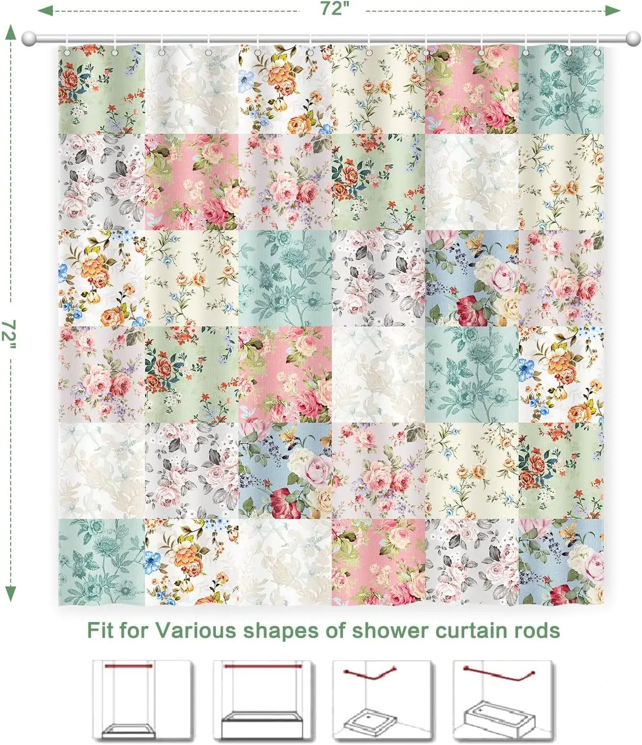 Boho Shower Curtain Patchwork Floral, Vintage Flowers Shower Curtain for Bathroom, Retro Shabby Chic Cottagecore Floral Shower Curtains Polyester Waterproof Farmhouse Decor Bath Curtains