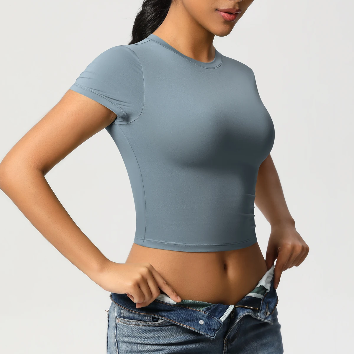 Frauen Sport Shirt Kurzarm Gym Top Workout Kleidung Hohe Elastische Active Wear Femme Lauf Zubehör Fitness T-shirt – Detail 29