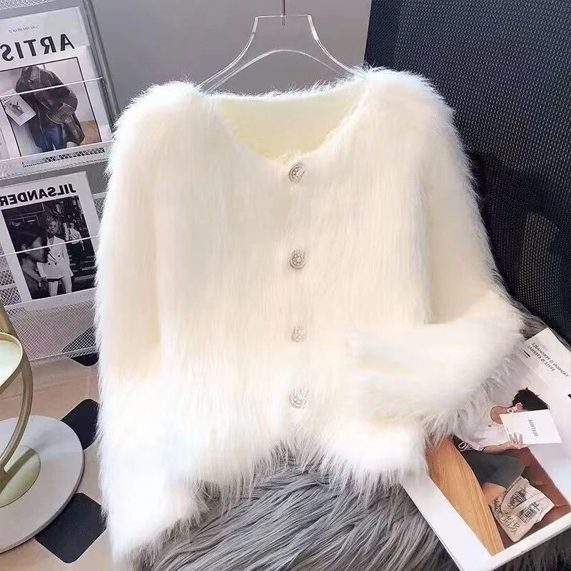 Sweet Faux Fur Coats Women Loose Thickened Short Long Sleeves Knitted Cardigan Sweater Jackets Comfortable Casual Autumn Winter