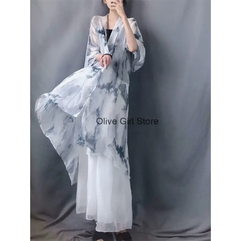 Retro Cardigan Elegant Buttonless Sun Protection Large Coat Ink Painting Loose Wide Sleeved Chiffon Elegant Light Thin Cardigan