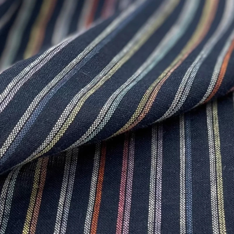 

Navy Blue Colored Vertical Stripe Pure Linen Soft Skin Friendly Fabric for Spring Summer Hanfu Shirt Qipao DIY Craft Fabric