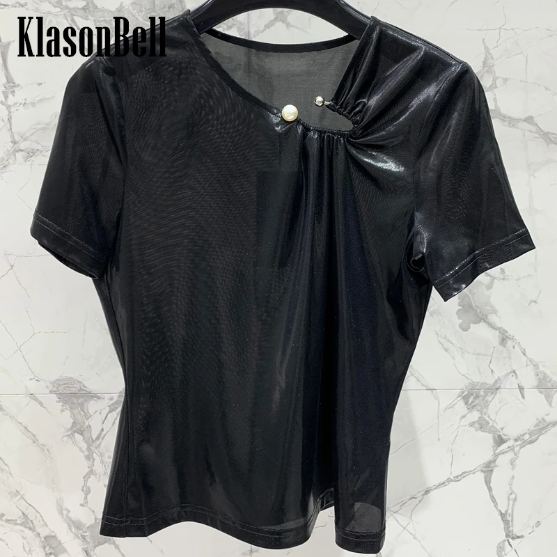 

6.7 KlasonBell Bling Gilding Pearl Metal Buckle Ruched Slim Tee Women Temperament Fashion Skew Collar Shorts Sleeve T-Shirt