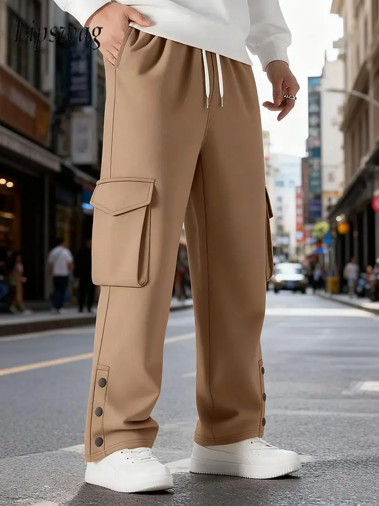

Весенне-осенние уличные повседневные мужские брюки, уличная одежда, модные однотонные брюки-карго с несколькими карманами, мужские винтажные прямые брюки