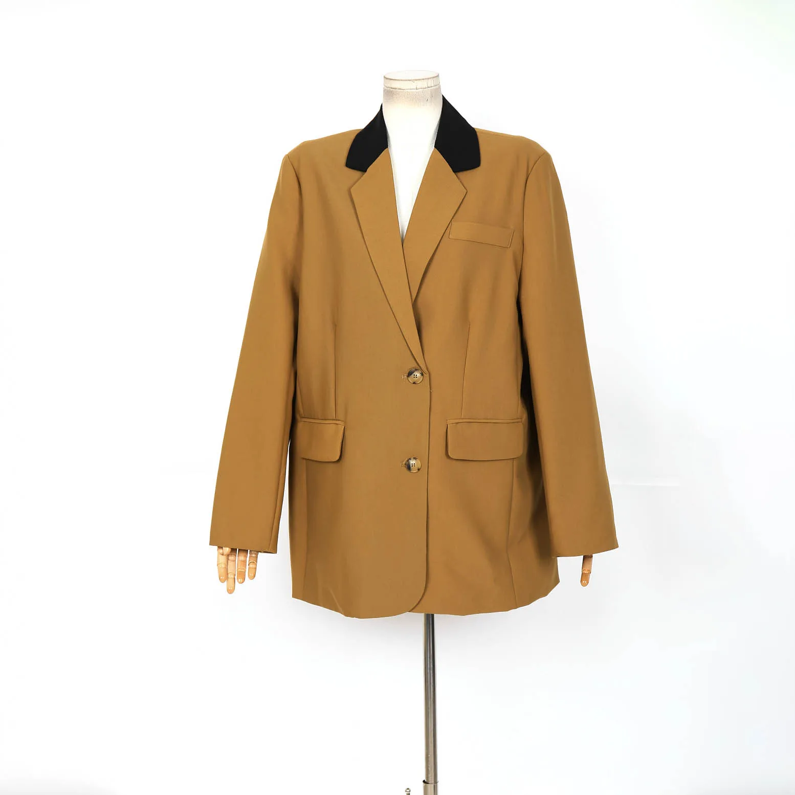 

Женский весенний пиджак 2025, модный коричневый контрастный черный воротник с двойной пуговицей, свободное пальто с длинными рукавами в винтажном стиле