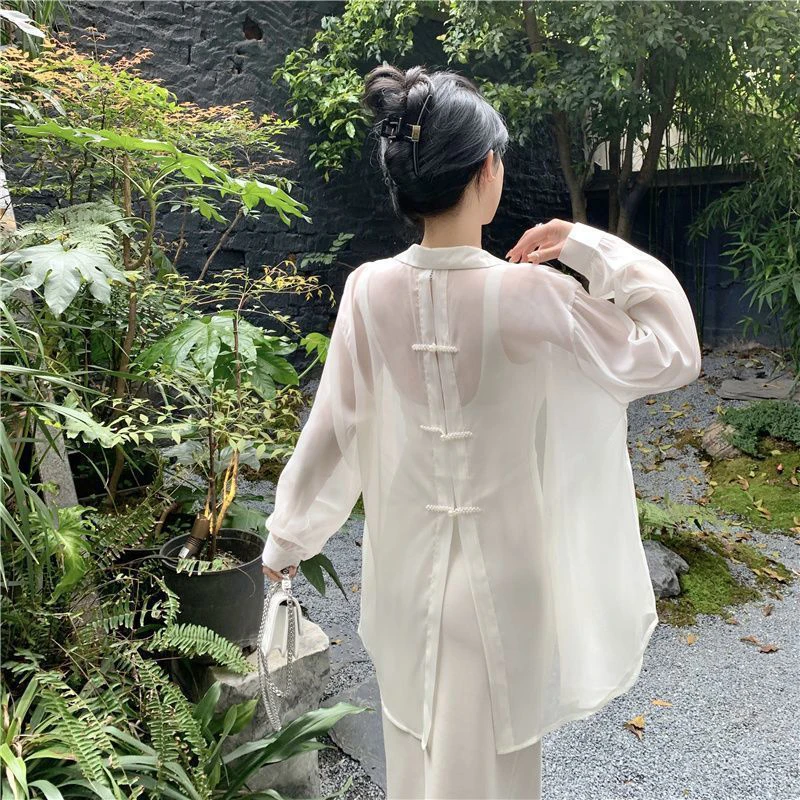 Off White Sun Protection Shirt Women Summer Fashion Casual Chic Thin Office Ladies Top Korean Elegant Turn Down Collar Blouse