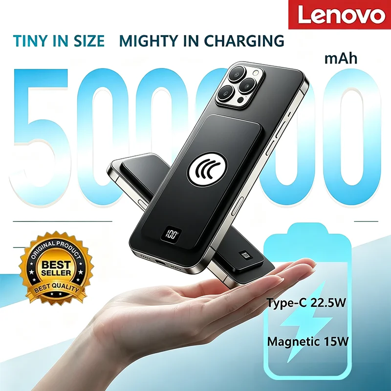 Lenovo 2026 New Magnetic Wireless Power Bank PD20W Fast Charging Ultra Thin 500000mAh External Battery for iPhone Xiaomi