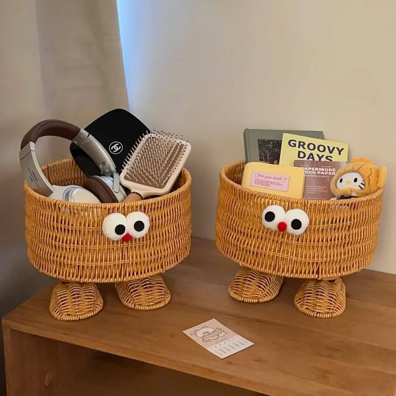 Creative Rattan Storage Basket Home Desktop Snack Storage Box Sundries Sorting Box Shelf Living Room Woven Basket
