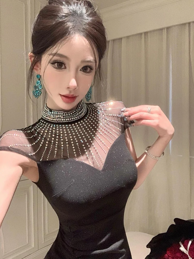 ผู้หญิงElegantชุดราตรีอย่างเป็นทางการสุภาพสตรีเซ็กซี่สีดําGlitter Sheerตาข่ายห่อสะโพกสูงFishtail Robe Party Club Vestidos