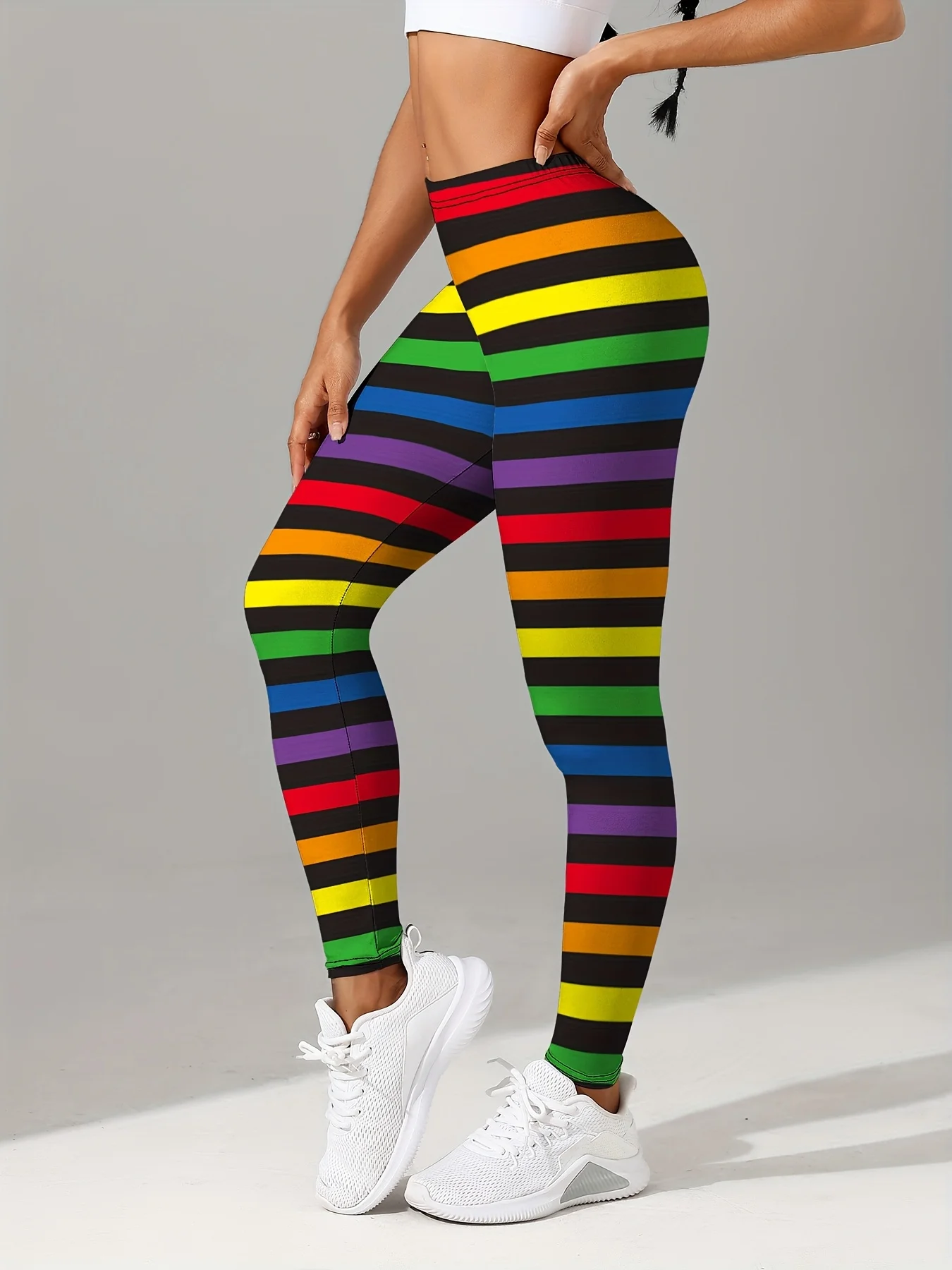 Women Mid‑Rise Fleece Lined Leggings Rainbow Stripe Print Warm Elastic Casual Winter Long Pants