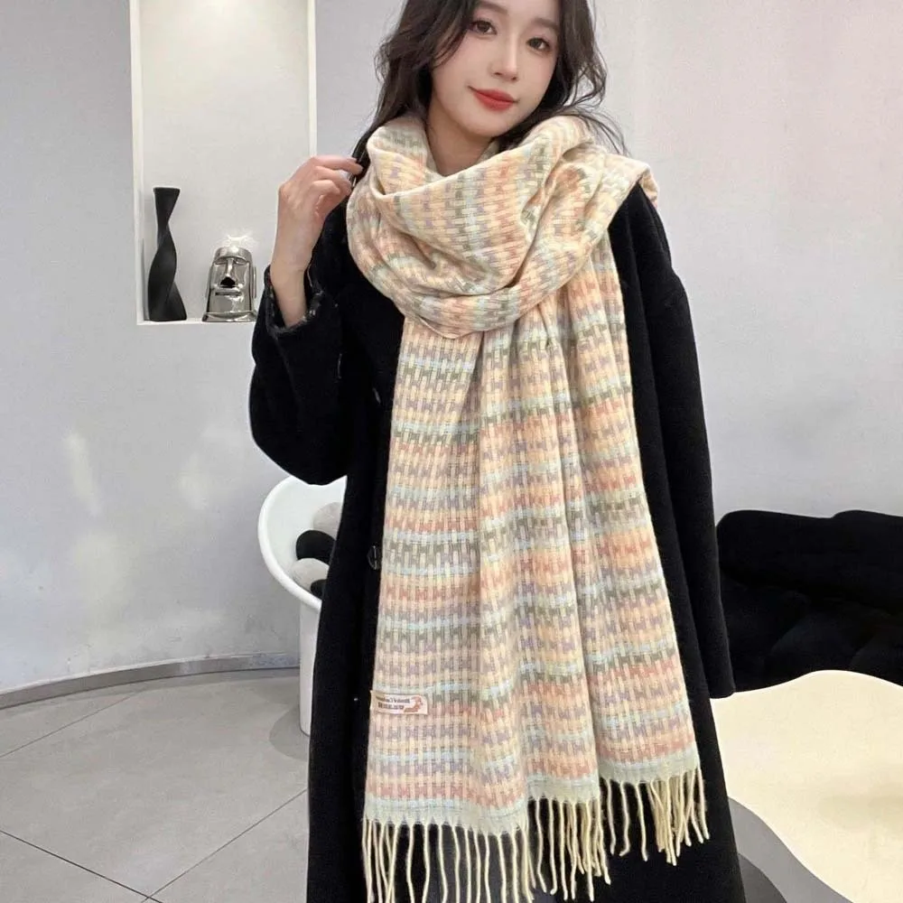 

Мягкий клетчатый шарф с допамином, антихолодный вязаный шерстяной платок в корейском стиле, полиэстер, длинный шейный платок контрастного цвета с кисточкой, осень