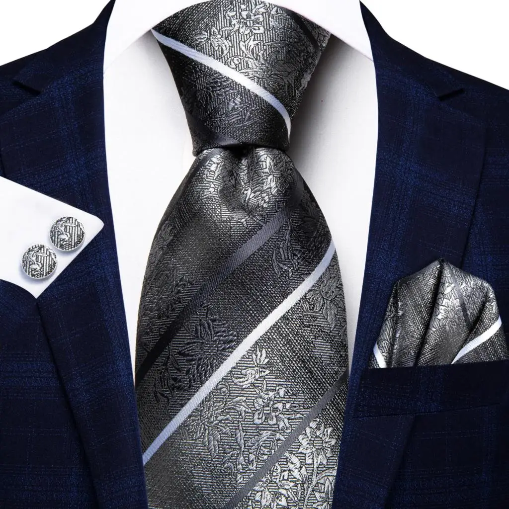 Grey Floral Striped 2022 New Men Tie Hanky Cufflink Set Silk Necktie For Men Wedding Party Business Men Tie Fashion Brand Hi-Tie