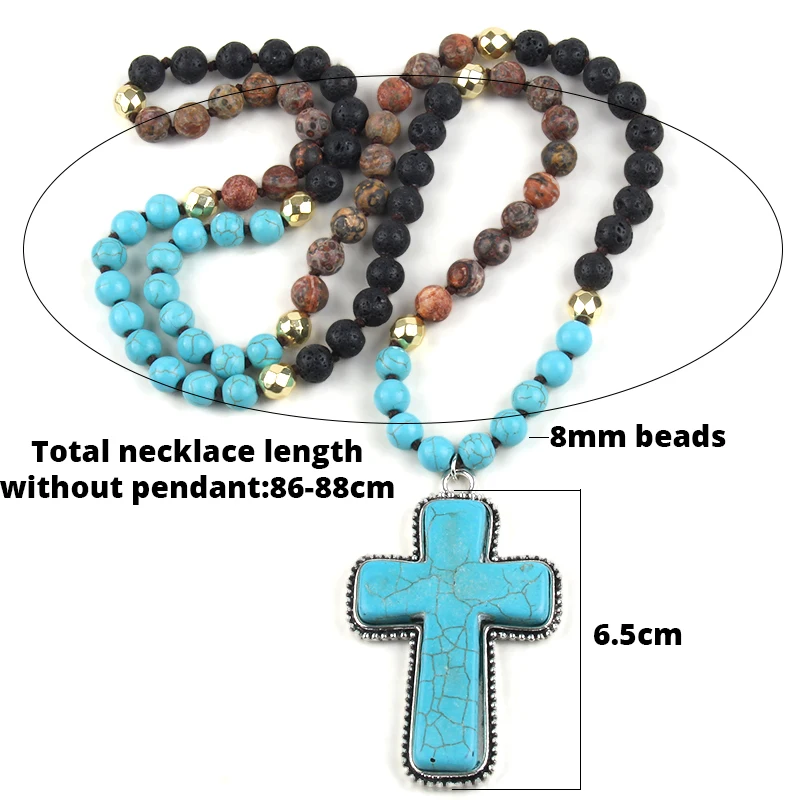 RH Fashion Bohemian western Jewelry 8mm Stone Knotted Cross Pendant Necklace For Women Festival Gift