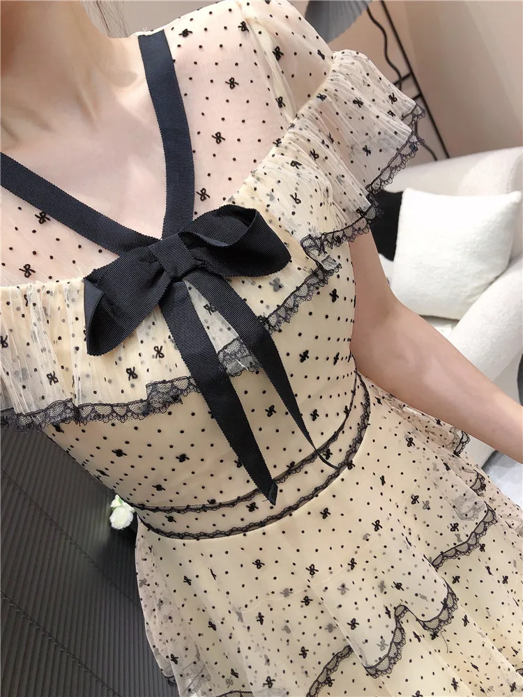 New Arrival Women\'s Summer Dress Sweet Bowknot Slim Mid-length Vestidos De Mujer Flocking Dot Printing Layer Ruffle Party Dress