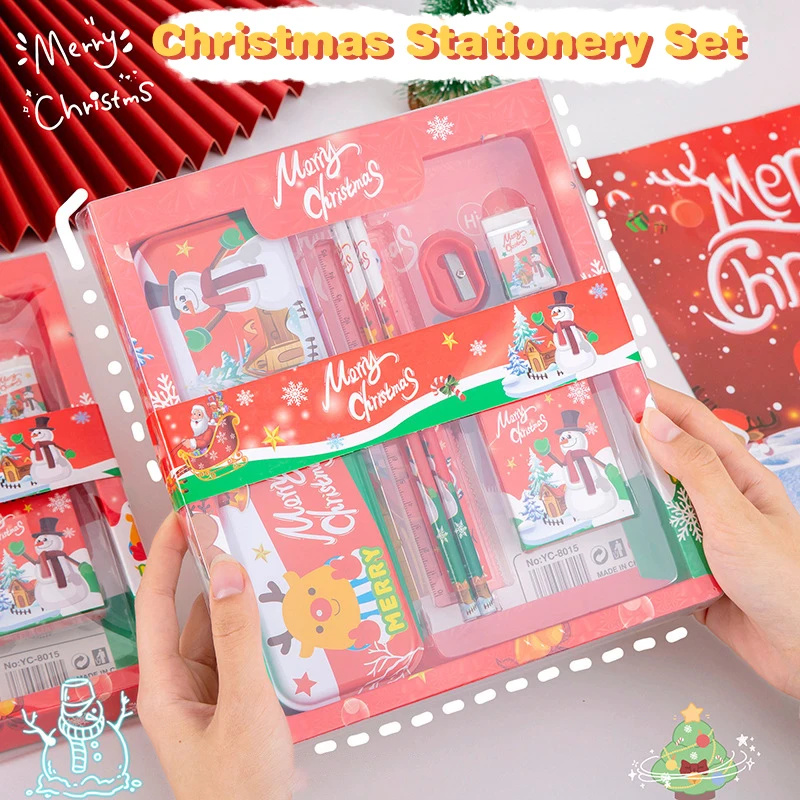 7Pcs Christmas Stationery Set Cartoon Cute Pencil Eraser Ruler Sharpener Set Creative Kindergarten Prizes School Supplies Gifts