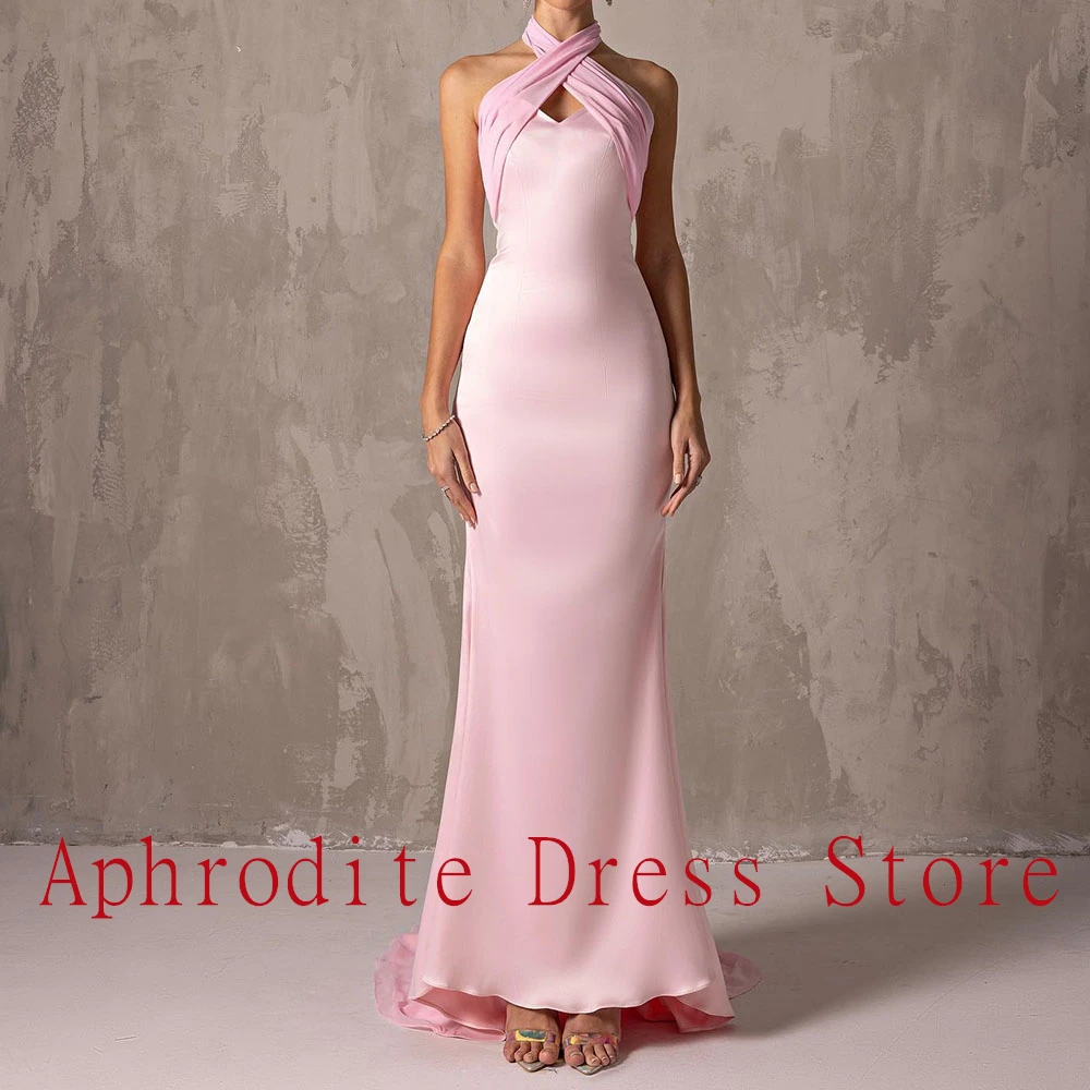 Customized Elegant Satin Evening Dress High Quality Halter Straight Sleeveless Floor Length Court Train Special Occasion Gowns