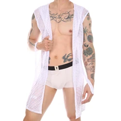 2023 Mens See-Through Striped Hooded Robe with Belt Solid Color Sleeveless Open Front Loose Loungewear for Swimming Pool Bedroom