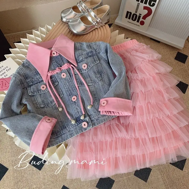 

Retail New Baby Girls Fall Fashion Sets, Jean Coat + Pink Mesh Skirts Princess Sweet Suits 2-9 T