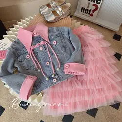 Retail  New Baby Girls Fall Fashion Sets,  Jean Coat +  Pink Mesh Skirts   Princess Sweet Suits  2-9 T