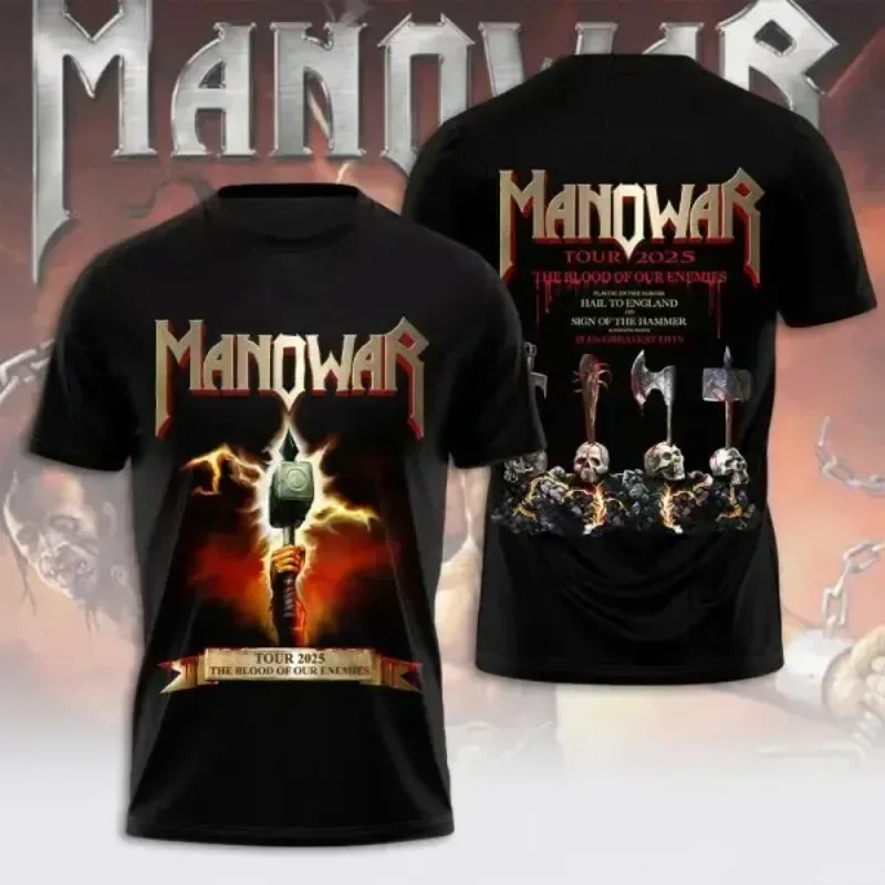 Camiseta Masculina Estampada em 3D da Banda Manowar, Esportiva, de Secagem Rápida, Respirável, Estilo Hip Hop Harajuku, Casual, para Uso Externo, Manga Curta, Verão