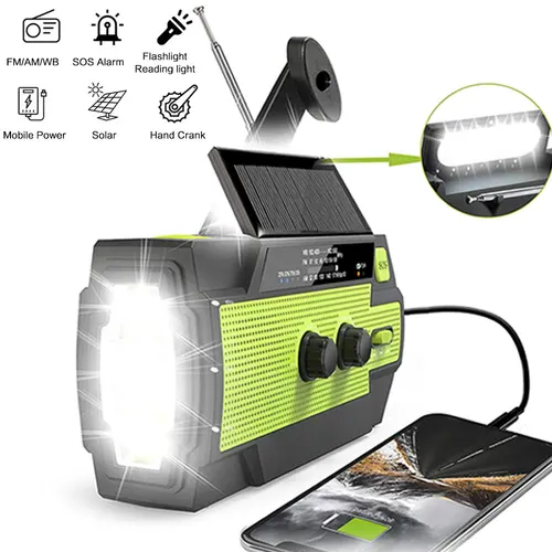 Imagen 1 del producto Manivela Solar portátil de mano, Radio AM/FM para supervivencia, Radio alimentada por batería recargable, Cargador USB, linterna, lámpara de lectura