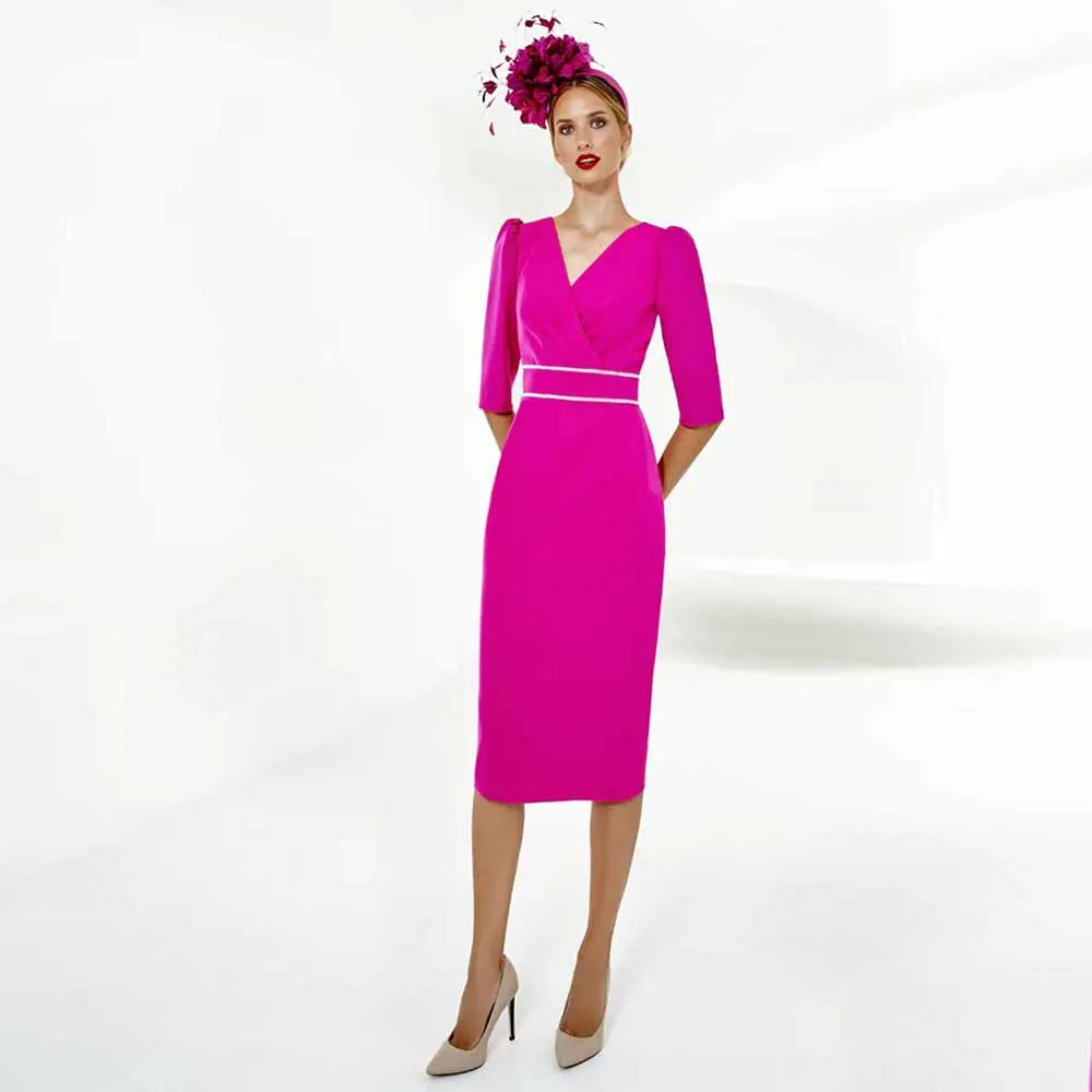 Pink Mutter der Braut Kleid Scheide halbe Ärmel kurze Hochzeit Gast Kleid für Frauen V-Ausschnitt Bogen elegante formelle Party