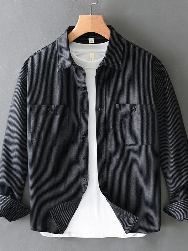 

Retro Japanese Sle Long Sve Cotton irt Men's Casual Striped Workwear Jaet Spring Autumn New Faion Loose Fit irt