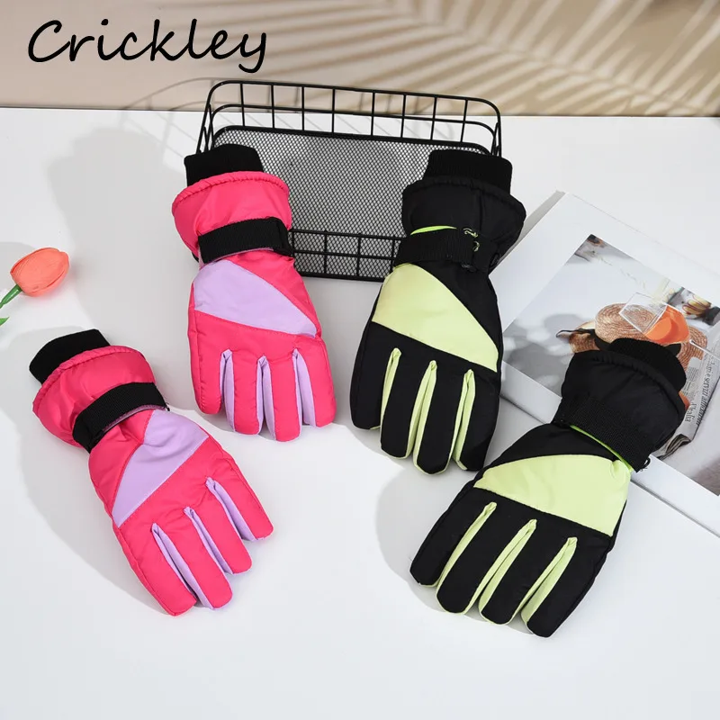 

2025 Patchwork Boys Girls Gloves Winter Warm Plush Windproof Kids Mittens Skiing Non Slip Hook Loop Children Gloves