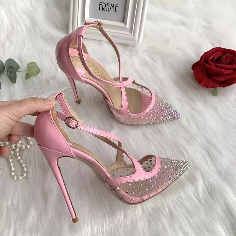 Summer pointed shallow mesh rhinestone sequins thin belt single shoes thin high-heeled dress large size small size women sandals